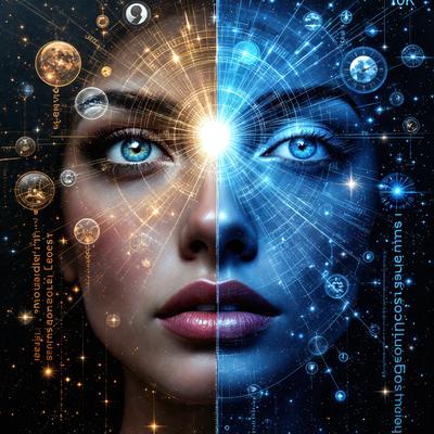 The primary subject of the image is a woman with blue eyes and a blue and yellow brain. She is surrounded by a variety of celestial objects, including stars, planets, and a moon. The setting is a space-themed environment, with the woman's face and brain as the main focus. The visual style is a combination of digital art and illustration, creating a vibrant and dynamic scene. The colors and mood of the image are predominantly blue and yellow, with a sense of wonder and exploration